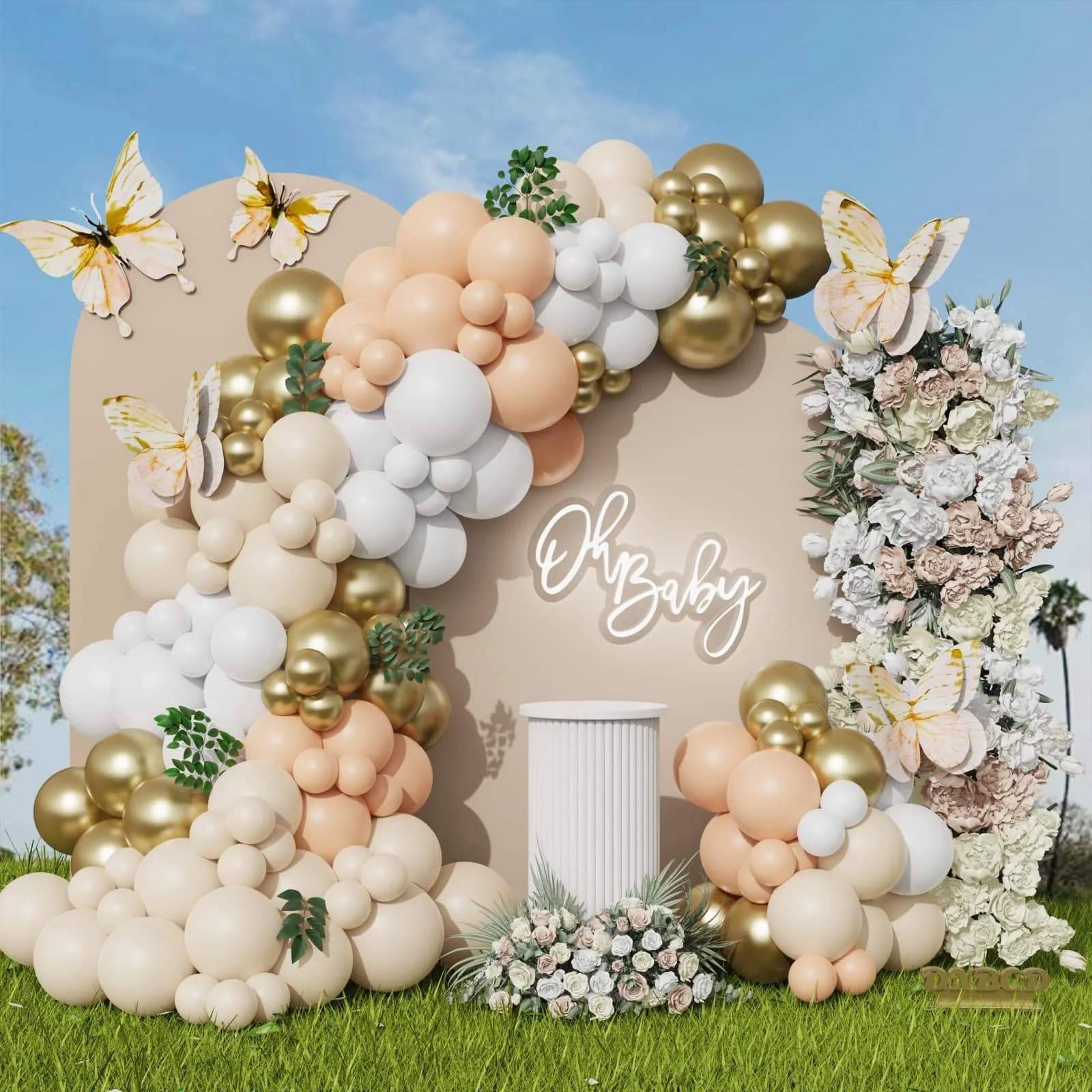Neutral baby shower balloon arch with flowers
