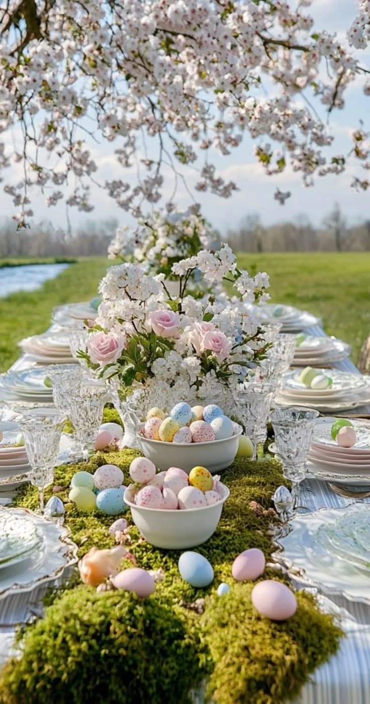 Spring garden table beneath flowering branches