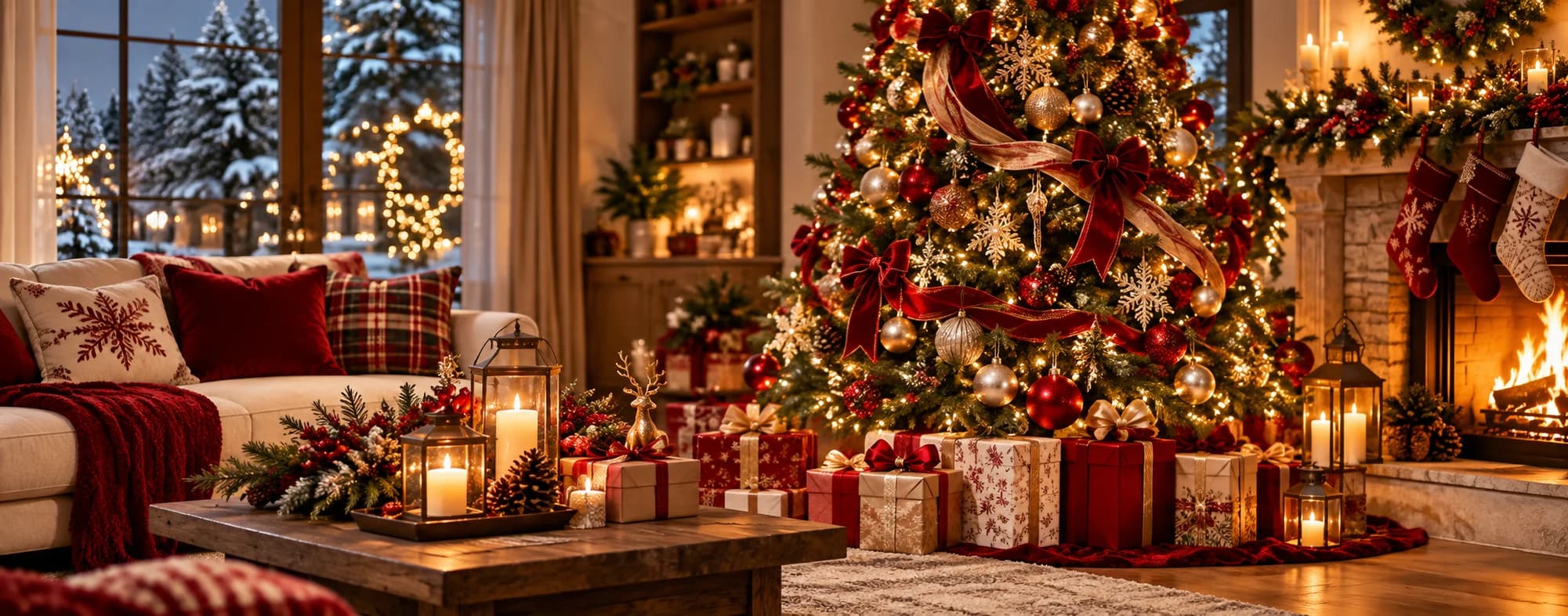 Decorated Christmas tree and glowing fireplace in a warmly styled living room