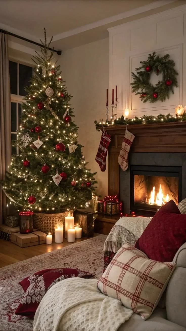 Red and white decorated tree beside a fireplace and stockings