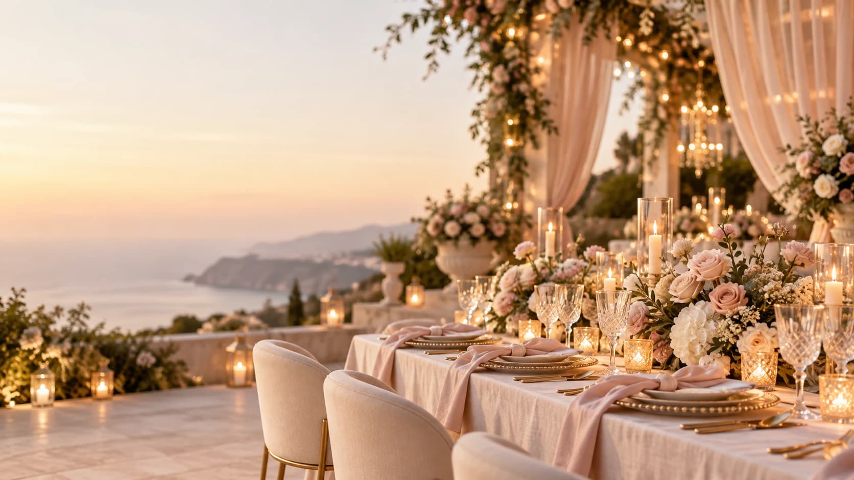 Floral wedding reception table overlooking the sea at sunset