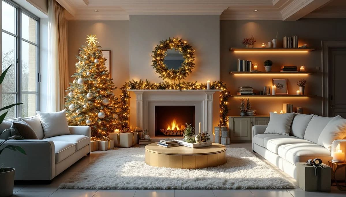 Gold Christmas tree beside a wreath-dressed fireplace and ivory sofas