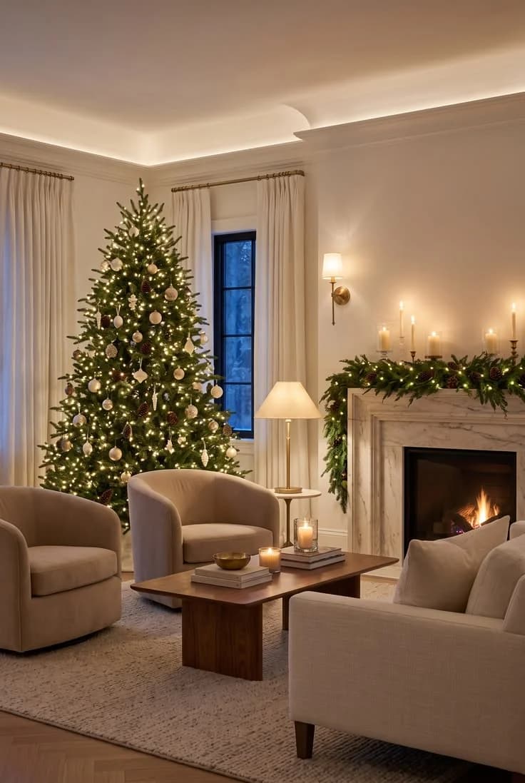 Neutral Christmas living room with a tree, garland and soft seating